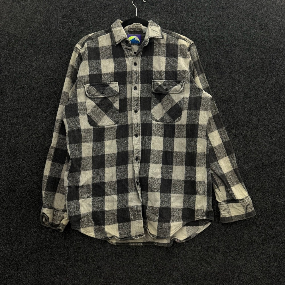 Vintage North Coast Plaid Flannel Shirt Mens Medium Black Grey Heavy Cotton